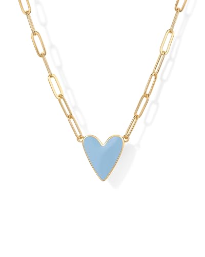 PAVOI 14K Yellow Gold Plated Heart Blue Enamel Pendant Necklace for Women | Love Paperclip Chain Necklaces | Blue Enamel Heart Pendants