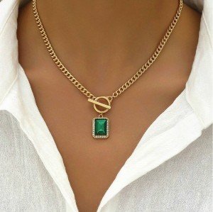 18K Plated Gold Women's Necklace Green Square Rhinestone Pendant Fashion Jewelry