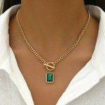 18K Plated Gold Women's Necklace Green Square Rhinestone Pendant Fashion Jewelry