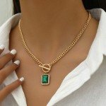 18K Plated Gold Women's Necklace Green Square Rhinestone Pendant Fashion Jewelry