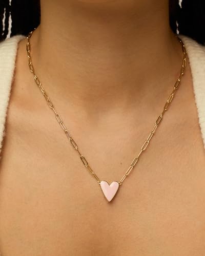 PAVOI 14K Yellow Gold Plated Heart Blue Enamel Pendant Necklace for Women | Love Paperclip Chain Necklaces | Blue Enamel Heart Pendants