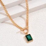 18K Plated Gold Women's Necklace Green Square Rhinestone Pendant Fashion Jewelry