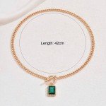 18K Plated Gold Women's Necklace Green Square Rhinestone Pendant Fashion Jewelry