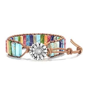Boho Gemstone Leather Wrap Bracelet with Sunflower