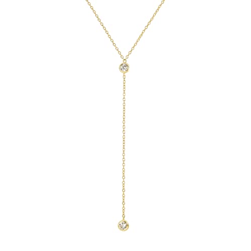 14k Vermeil Dainty Drop Y Lariat Necklace with Diamond, Gold Drop Necklace, Gold Necklace Formal Wedding Guest Jewelry for Women, Womens Necklaces Trendy (Gold, Double CZ Lariat)