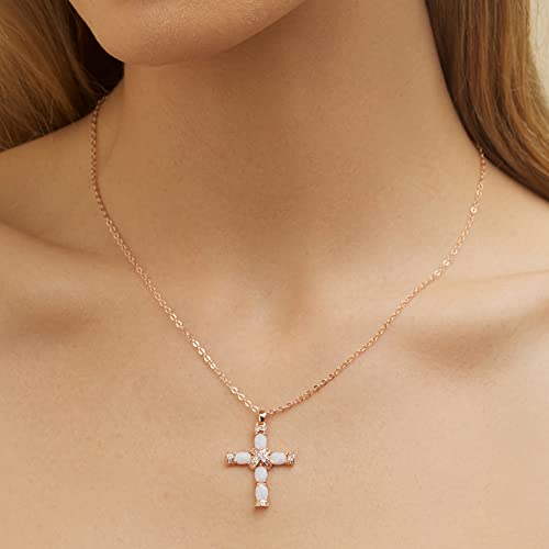 Barzel 18K Rose Gold Plated Created Opal Cross Necklace Pendant, 18 Inches with 2 Inches Extension (Rose Gold)