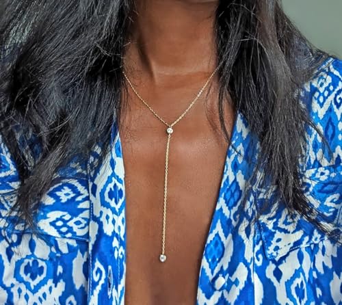14k Vermeil Dainty Drop Y Lariat Necklace with Diamond, Gold Drop Necklace, Gold Necklace Formal Wedding Guest Jewelry for Women, Womens Necklaces Trendy (Gold, Double CZ Lariat)