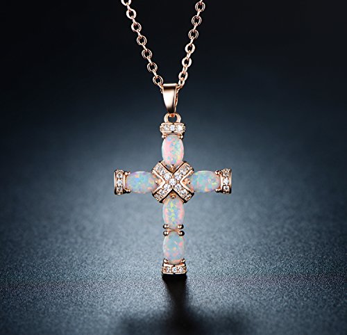 Barzel 18K Rose Gold Plated Created Opal Cross Necklace Pendant, 18 Inches with 2 Inches Extension (Rose Gold)