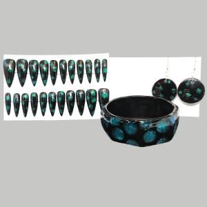 Black and Teal Almond Press-On Nails with Jewelry