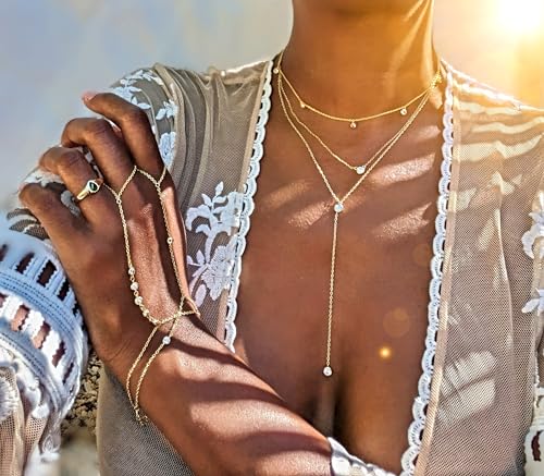 14k Vermeil Dainty Drop Y Lariat Necklace with Diamond, Gold Drop Necklace, Gold Necklace Formal Wedding Guest Jewelry for Women, Womens Necklaces Trendy (Gold, Double CZ Lariat)