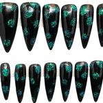 Black and Teal Almond Press-On Nails with Jewelry