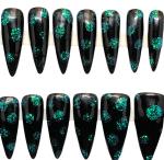 Black and Teal Almond Press-On Nails with Jewelry