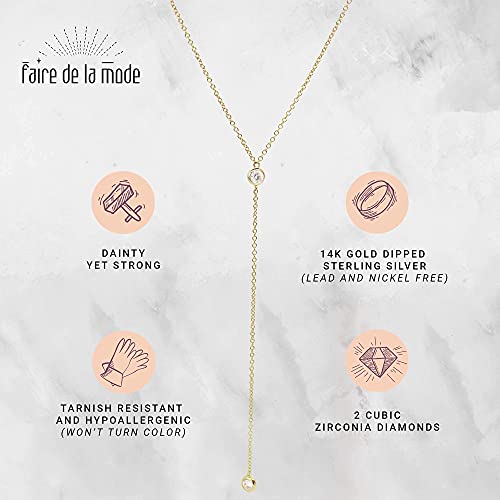 14k Vermeil Dainty Drop Y Lariat Necklace with Diamond, Gold Drop Necklace, Gold Necklace Formal Wedding Guest Jewelry for Women, Womens Necklaces Trendy (Gold, Double CZ Lariat)