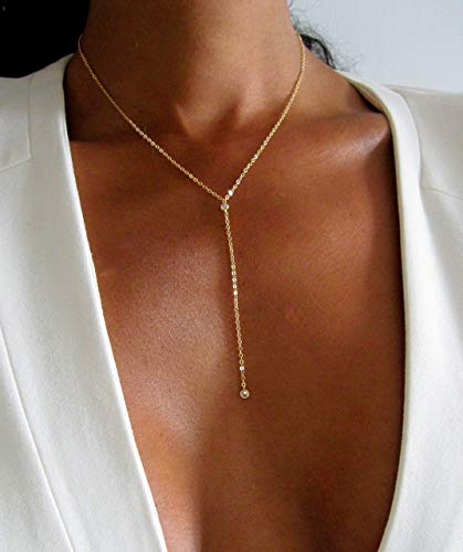 14k Vermeil Dainty Drop Y Lariat Necklace with Diamond, Gold Drop Necklace, Gold Necklace Formal Wedding Guest Jewelry for Women, Womens Necklaces Trendy (Gold, Double CZ Lariat)