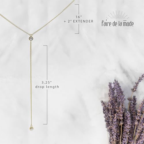 14k Vermeil Dainty Drop Y Lariat Necklace with Diamond, Gold Drop Necklace, Gold Necklace Formal Wedding Guest Jewelry for Women, Womens Necklaces Trendy (Gold, Double CZ Lariat)