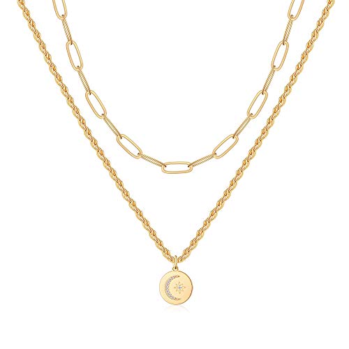 Hidepoo Moon and Star Necklaces for Women, 14K Gold Plated Rope Chain Necklace Dainty Paperclip Chain Moon and Star Coin Pedant Necklaces for Women