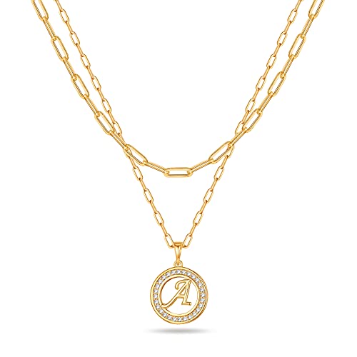 Gold Initial Necklaces for Women, 14K Gold Plated Layered Necklaces Paperclip Chain Necklace for Women Dainty Gold Coin Letter Pedant Necklace for Women Initial A Necklaces for Women Girls Jewelry