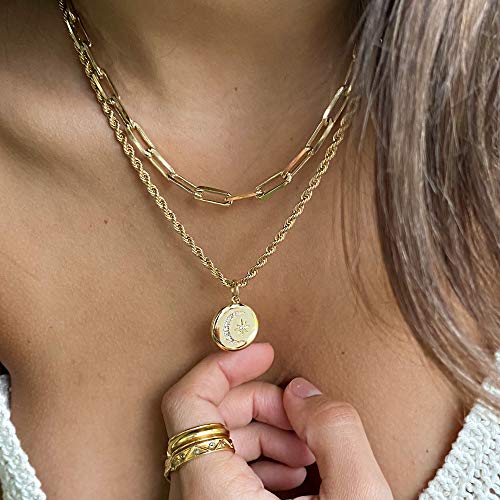 Hidepoo Moon and Star Necklaces for Women, 14K Gold Plated Rope Chain Necklace Dainty Paperclip Chain Moon and Star Coin Pedant Necklaces for Women