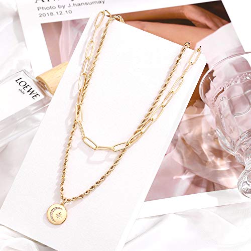 Hidepoo Moon and Star Necklaces for Women, 14K Gold Plated Rope Chain Necklace Dainty Paperclip Chain Moon and Star Coin Pedant Necklaces for Women