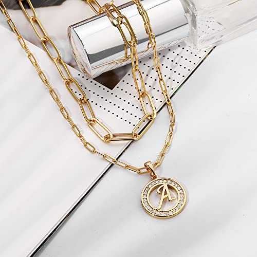 Gold Initial Necklaces for Women, 14K Gold Plated Layered Necklaces Paperclip Chain Necklace for Women Dainty Gold Coin Letter Pedant Necklace for Women Initial A Necklaces for Women Girls Jewelry