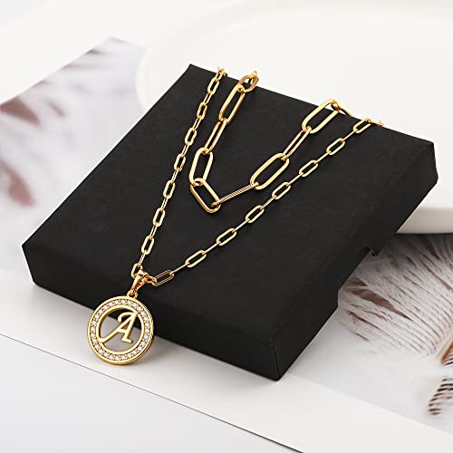 Gold Initial Necklaces for Women, 14K Gold Plated Layered Necklaces Paperclip Chain Necklace for Women Dainty Gold Coin Letter Pedant Necklace for Women Initial A Necklaces for Women Girls Jewelry