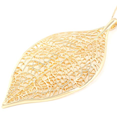 NLCAC Filigree Leaf Pedant Necklace Snake Chain Gorgeous Hollow Leaf Necklace Bohemian Jewelry for Women, Girls (Gold Tone)