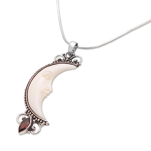 NOVICA Artisan Handmade Bone Pendant Necklace | Garnet Pendant Necklace for Women | Crescent Moon Pendant Necklace | .925 Sterling Silver Pendant Necklace | Artisan Pedant Necklace