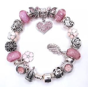 PANDORA Silver Charm Bracelet with Pink Crystals