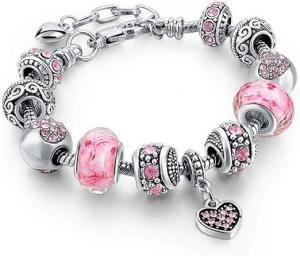 Silver Bracelet with Crystal Heart and Love Charms