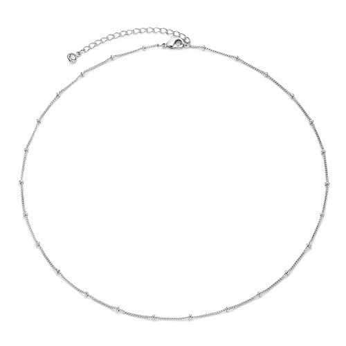 MEVECCO Silver Plain Simple Chain Choker Necklace,14K Silver Plated Cute Tiny Bead/Satellite Chain Minimalist Necklace for Women
