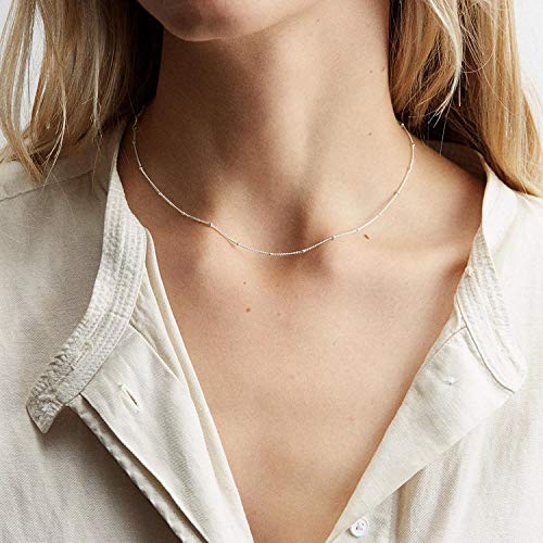 MEVECCO Silver Plain Simple Chain Choker Necklace,14K Silver Plated Cute Tiny Bead/Satellite Chain Minimalist Necklace for Women