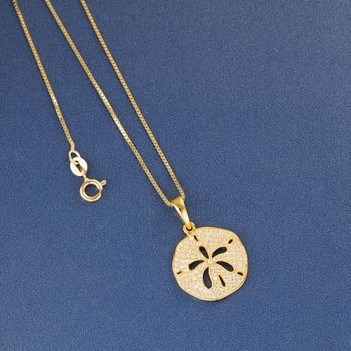 925 Sterling Silver Sand Dollar Cubic Zirconia Pave Sea Life Charm Necklace Pedant with 18" Box Chain, Nickle Free Hypoallergenic for Sensitive Skin, with Gift Box (Minimalist, Gold)