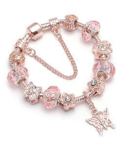Rose Gold Butterfly Charm Bracelet with Pink Crystals