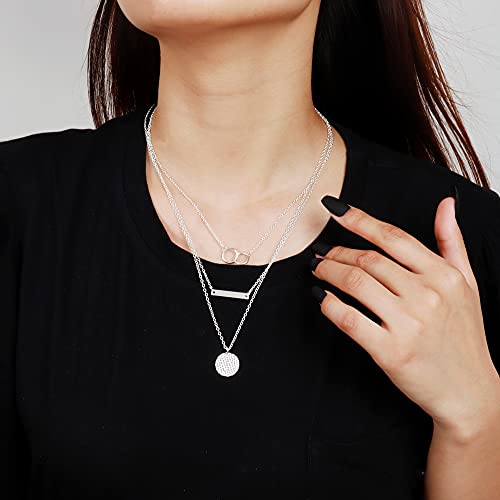Dcfywl731 Silver Plated Layered Pendant Necklace for Women Multilayer Circle Bar Disc Adjustable Chain Necklace Jewerly