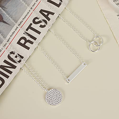 Dcfywl731 Silver Plated Layered Pendant Necklace for Women Multilayer Circle Bar Disc Adjustable Chain Necklace Jewerly