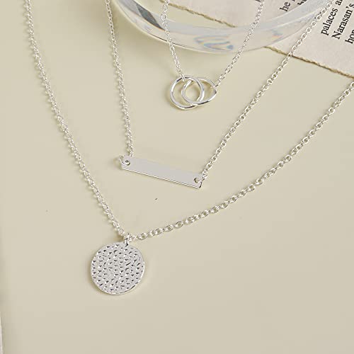 Dcfywl731 Silver Plated Layered Pendant Necklace for Women Multilayer Circle Bar Disc Adjustable Chain Necklace Jewerly