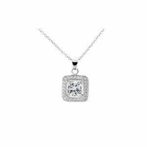 Sterling Silver Halo CZ Square Pendant Necklace