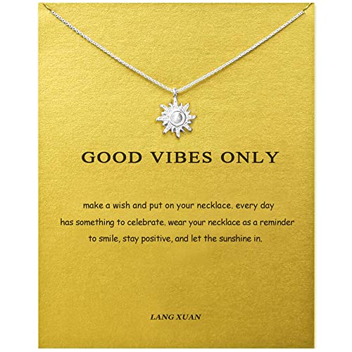 LANG XUAN Message Card Sun Pendant Necklace Friendship Compass Good Luck Elephant Pendant Chain Necklace with Gift Card (Silver Sun 2)