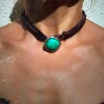 Boho Western Leather Cord Cowgirl Choker Necklace, Brown Leather Turquoise Stone