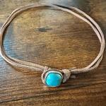 Boho Western Leather Cord Cowgirl Choker Necklace, Brown Leather Turquoise Stone