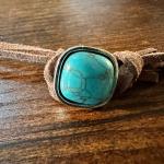 Boho Western Leather Cord Cowgirl Choker Necklace, Brown Leather Turquoise Stone