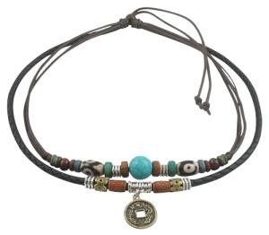 Ancient Tribe Unisex Adjustable Necklace Choker Turquoise Bead (Black & Brown)