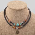 Ancient Tribe Unisex Adjustable Necklace Choker Turquoise Bead (Black & Brown)