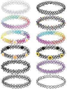 BodyJ4You 12PC Tattoo Choker Necklace Set - 90s Accessories Old School 2000s Jewelry - Yellow Daisy Pink Purple Flower Charm - One Size Women Teen Girl - Stretchy Multicolor Collar