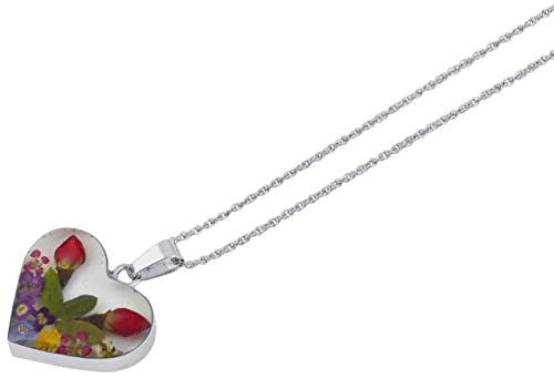 Amazon Essentials Sterling Silver Multicolor Pressed Flower Heart Pendant Necklace,18" (previously Amazon Collection)