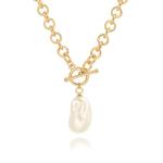 PEARLADA Large Baroque Pearl Pendant Necklace, 18k Gold Chunky Chain Link Necklace for Women, Statement Necklace with Toggle Clasp