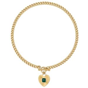 NUZON Sunburst Heart Pendant Necklace with Green Agate Solitaire Stainless Steel 18K Gold Curb Cuban Thick Chain Toggle Bar Clasp Statement Jewelry for Women 18’’