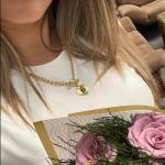 NUZON Sunburst Heart Pendant Necklace with Green Agate Solitaire Stainless Steel 18K Gold Curb Cuban Thick Chain Toggle Bar Clasp Statement Jewelry for Women 18’’