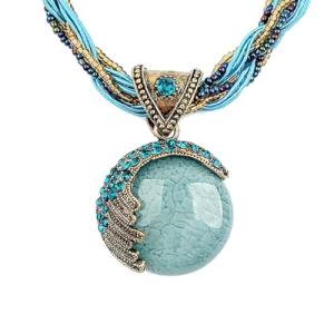 Turquoise Rhinestone Pendant Collar Necklace Handmade Jewelry