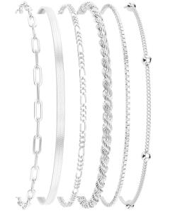 DEARMAY Dainty Silver Bracelets for Women Trendy, 925 Sterling Silver Jewelry Set for Women Bracelets for Women Paperclip Box Herringbone Figaro Rope Chain Bracelet Fashion Pack Gifts for Women